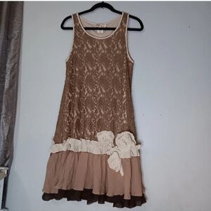 Lady Noiz Ruffle Lace Dress  Layered Boho Cream Brown Flapper Womens Size Medium